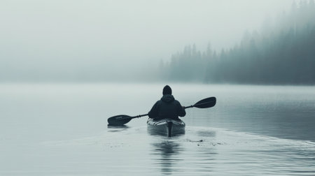Man rowing his canoe on a lake, - aiの素材