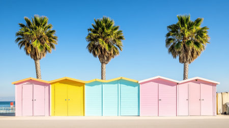 Multicolored beach cabins next to the giant palm trees  - aiの素材