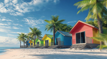 Multicolored beach cabins next to the giant palm trees  - aiの素材