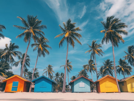 Multicolored beach cabins next to the giant palm trees  - aiの素材