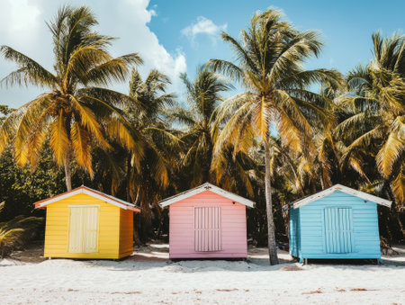 Multicolored beach cabins next to the giant palm trees  - aiの素材