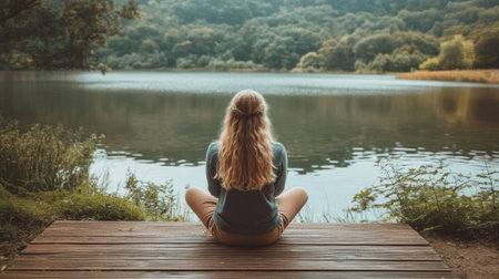 Rear view of young woman sitting on wooden steps by lake  - aiの素材