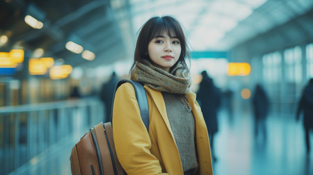 One young Asian woman in airport with suitcase - aiの素材