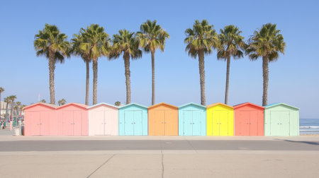 Multicolored beach cabins next to the giant palm trees  - aiの素材
