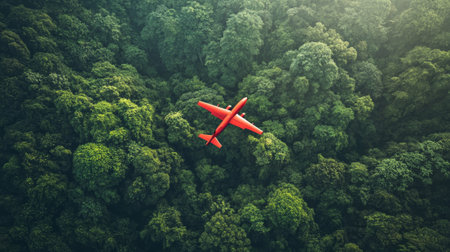 Red plane flying over lush green forest  - aiの素材