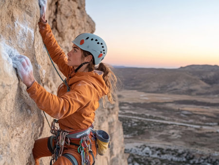 side view of active climber hanging on mountain holding on to slope in warm light of sunset  - aiの素材