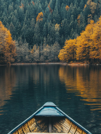 Rowing Boat in a Peaceful Lake Surrounded by Autumn Trees. , negative space,  - aiの素材
