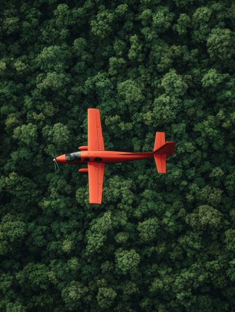 Red plane flying over lush green forest  - aiの素材