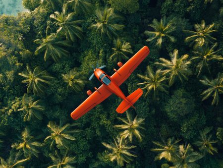 Red plane flying over lush green forest  - aiの素材