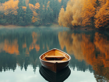 Rowing Boat in a Peaceful Lake Surrounded by Autumn Trees. , negative space,  - aiの素材