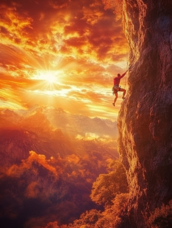 side view of active climber hanging on mountain holding on to slope in warm light of sunset  - aiの素材