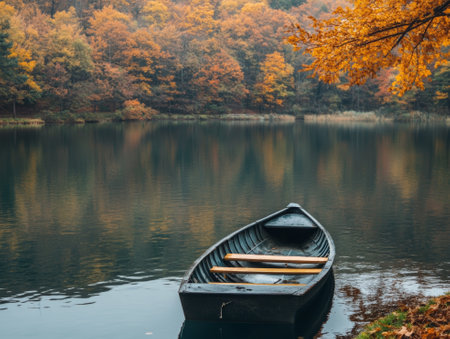 Rowing Boat in a Peaceful Lake Surrounded by Autumn Trees. , negative space,  - aiの素材