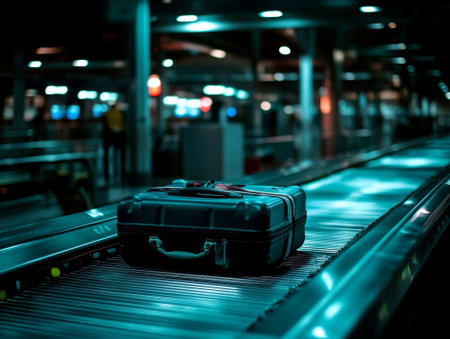 Solo Suitcase on Airport Conveyor Belt at Night. - aiの素材