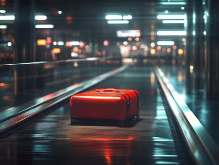 Solo Suitcase on Airport Conveyor Belt at Night. - aiの素材
