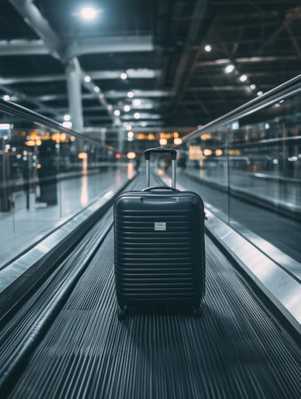 Solo Suitcase on Airport Conveyor Belt at Night. - aiの素材