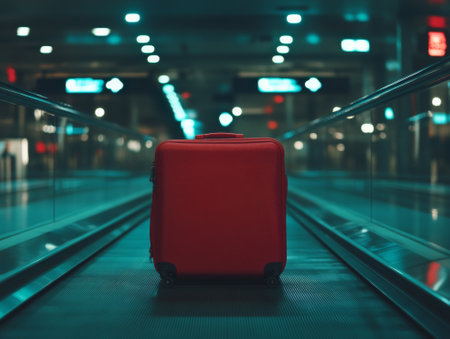 Solo Suitcase on Airport Conveyor Belt at Night. - aiの素材