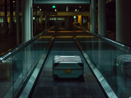 Solo Suitcase on Airport Conveyor Belt at Night. - aiの素材
