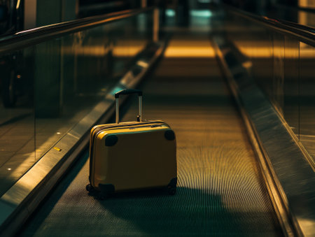 Solo Suitcase on Airport Conveyor Belt at Night. - aiの素材