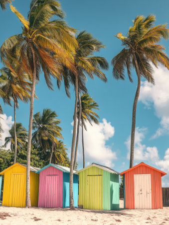 Multicolored beach cabins next to the giant palm trees  - aiの素材