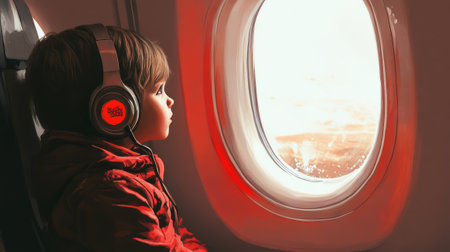 little child with headphones looking away sitting near an airplane window - aiの素材