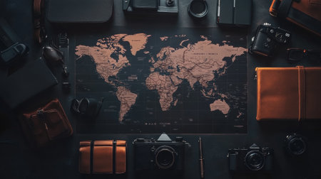 Flat lay composition with world map and different travel gadjet  - aiの素材