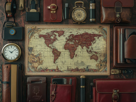 Flat lay composition with world map and different travel gadjet  - aiの素材