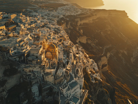 Aerial view of Thira city during the sunset, Santorini, Greece. - aiの素材