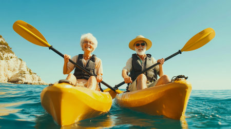 Happy senior couple kayaking together in the ocean on a sunny day.  - aiの素材