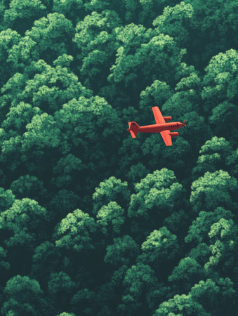 Red plane flying over lush green forest  - aiの素材