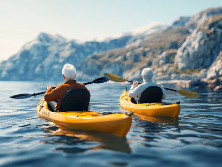 Happy senior couple kayaking together in the ocean on a sunny day.  - aiの素材