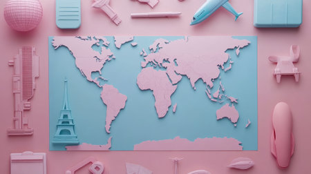 Flat lay composition with world map and different travel gadjet  - aiの素材