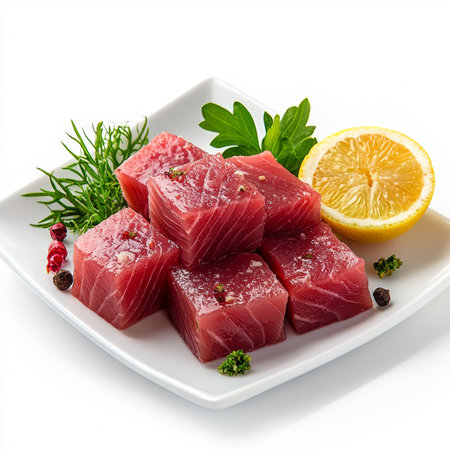 fresh tuna meat isolated on white backgroundの写真素材