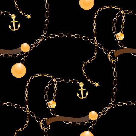 Abstract seamless pattern with golden chains, tassels,anchor. Fashion print for textile, scarf, lingerie, silk shawls and wrapping paper. Vector illustration on black backgroundのイラスト素材