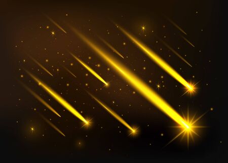 Shooting stars transparent vector background, light of falling of a meteorite in the galaxy. Fast Shooting Stars, Meteorites on Dark Space Background.のイラスト素材