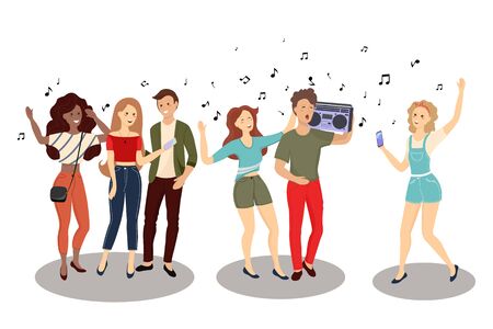 Crowd of young men and women holding smartphones and texting, talking, listening to music, taking selfie. Diverse tiny people dancing and listening music with headphones. のイラスト素材
