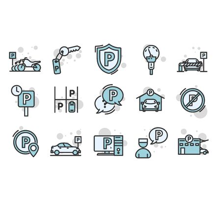 Valet servant and Paid transport parking icons. Car transport park place linear icon set. Quality line set. Vectorのイラスト素材