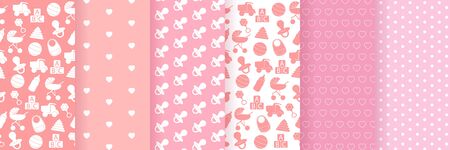 Baby girl pink pattern. Set of small polka dot seamless pattern.   Abstract romantic photo frame. Stylish decorative bright label set.のイラスト素材