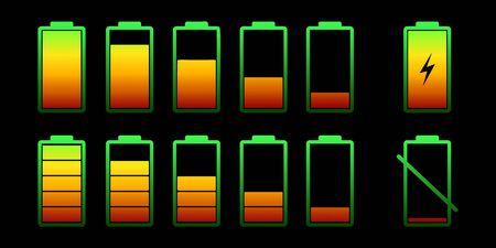 Set battery with different level of charge. Color collection of battery power. Wireless charging energy sign. Vector graphic design.のイラスト素材