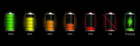 Battery charge full power energy level. Glass realistic power battery illustration. Accumulator indicator vector icon of power level.のイラスト素材