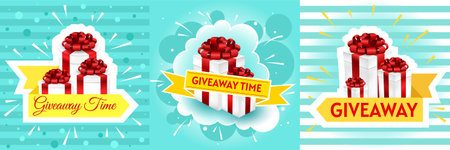 Giveaway winner poster. Gift offer banner, giveaways post and gifts prize flyer. Gift box vector illustration with modern typography text style.のイラスト素材