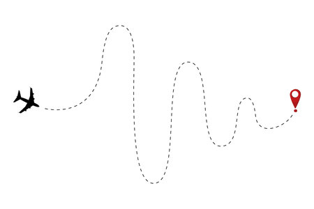 Airplane path in dotted line shape. Route of plane isolated on white background.  Plane flights itinerary starting pin to destination point or pathway map. Dashed airplane flights start track vector illustrationのイラスト素材