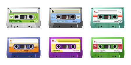 Vintage tape cassette. Retro mixtape, 1980s pop songs tapes. disco dance audiocassette, analogue player record cassette.Vector old school music cassette for media playerのイラスト素材