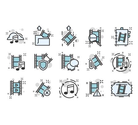 Vector thin line icons set and graphic design elements.  Includes such Icons as film, camera, play, click, editing, video editing and more.のイラスト素材
