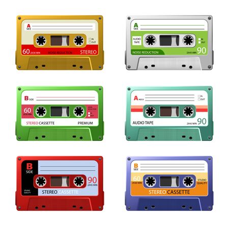 Vintage music cassettes. Retro dj sound tape, 1980s rave party stereo mix. 90s hifi disco dance audiocassette, analogue player record cassette. Isolated symbols vector setのイラスト素材