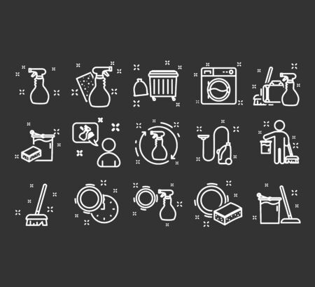Set of laundry icons, cleaning, washer, housework, service. Napkins, sponge, broom, mop. Window, tile, floor, bathroom, kitchen cleaner. Housekeeping.のイラスト素材