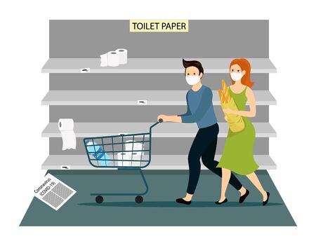 Coronavirus shopping panic. Frightened people running with an empty trolley buy all the products that can be found in supermarkets. COVID-19. Empty store shelves and a cart without products.のイラスト素材