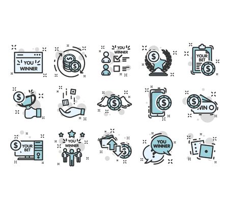 Sports betting icons. Winner Icons. Put chips, play dice, place bets online. Symbols of peoples victory and sports betting. Victory in disputeのイラスト素材