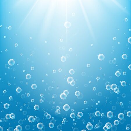 Transparent air bubbles under the rays on transparent background.  Effervescent sparks in the water, sea, aquarium, ocean.Underwater vector texture.のイラスト素材