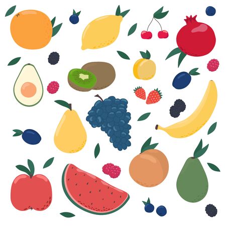 Doodle textured cute fruits, apple,watermelon, lemon, strawberry, avocado, banana, grape, apricot, raspberry.Vector isolated iconsのイラスト素材