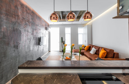 Living room, view from kitchenの写真素材